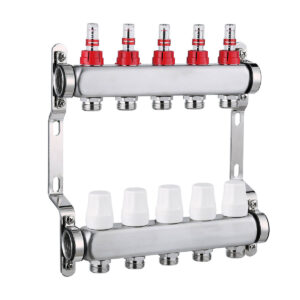 Inox razdjelnik za podno grijanje 4 izlaza – Sabirnik sa protokomjerima i nosačem